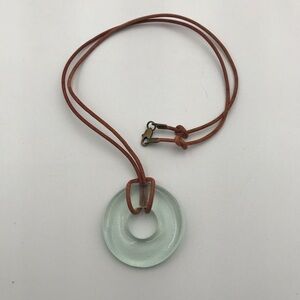 Handmade Light Aqua Glass Donut Pendant Necklace with Brown Leather Cord